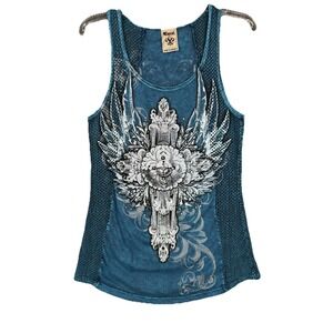 Y2K Vocal USA Rhinestone Cross Angel Energy Wings Side Mesh Tank Top XL